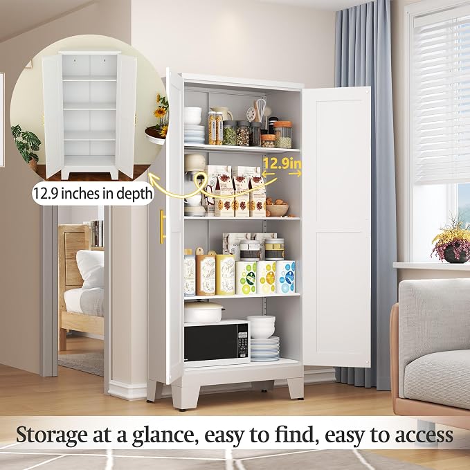 White Metal Storage Cabinet, Kitchen Pantry Storage Cabinet - Image 4