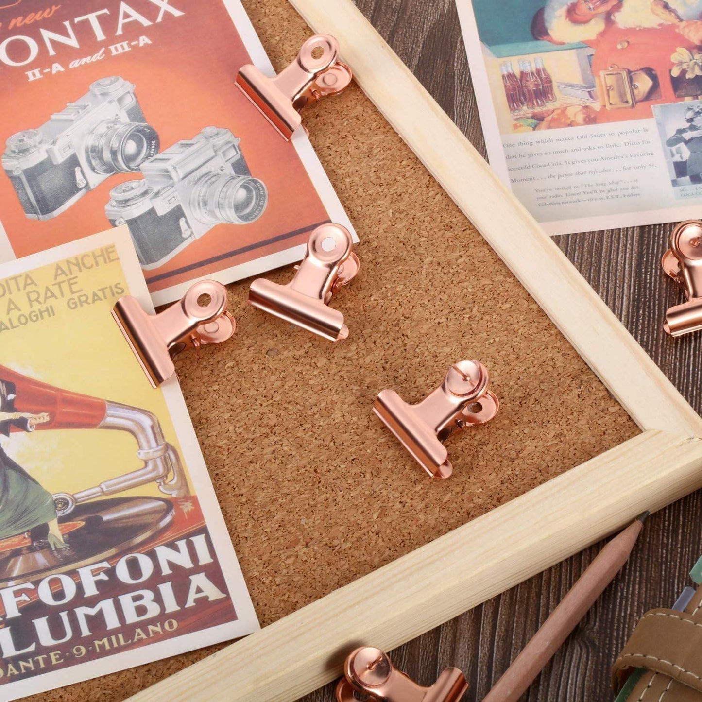 20 Pack Bulldog Clips with Push-pins for Corkboard,Metal Clips for Crafts, Metal Binder Clips for Pictures, Spring Paper Clamps for Office Documents (Rose Gold,1.2inch)