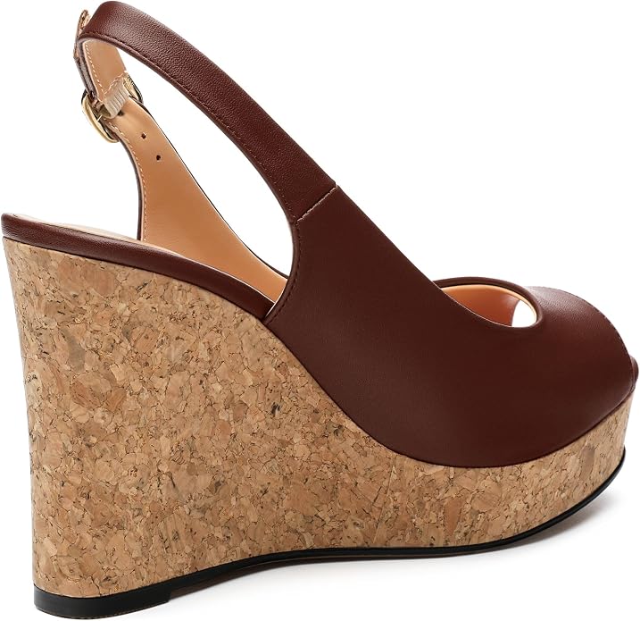 Womens Peep Toe Wedge Heels Matte Fashion Cork Slingback Pumps Platform Wedge - Image 5