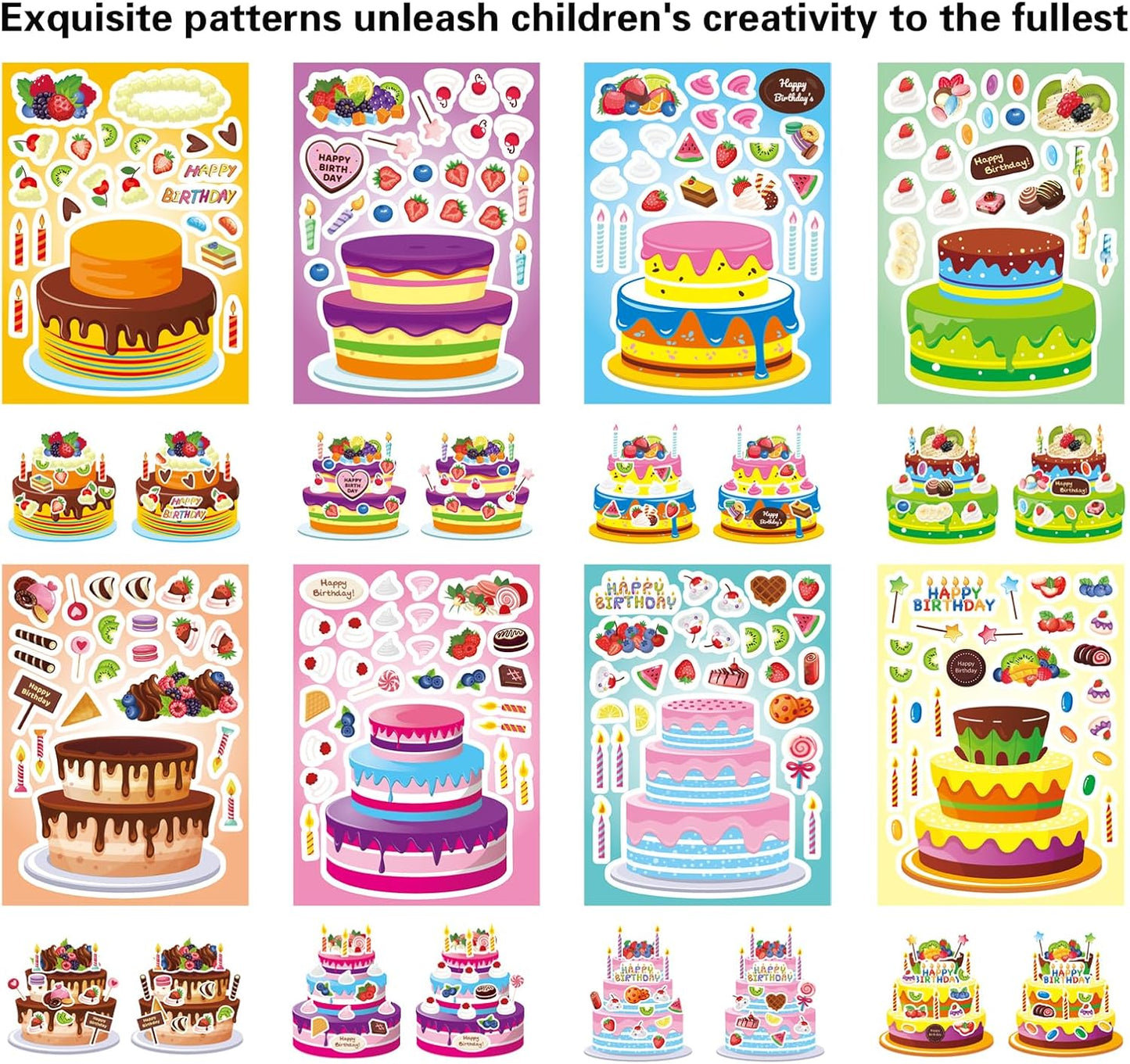 24 Sheets Birthday Stickers, Make-a-Cake Sticker for Kids Make Your Own Birthday Cake Stickers with Fruit Candy Candle, Happy Birthday Sticker Classroom Teacher Reward Stickers, Birthday Gift for Kids