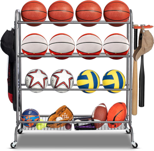 Basketball Rack, Rolling Basketball Shooting Training Stand,Sports Equipment Storage with Wheels, Four-Layer Organizer Holder with Two Basket for Basketballs Footballs Volleyball