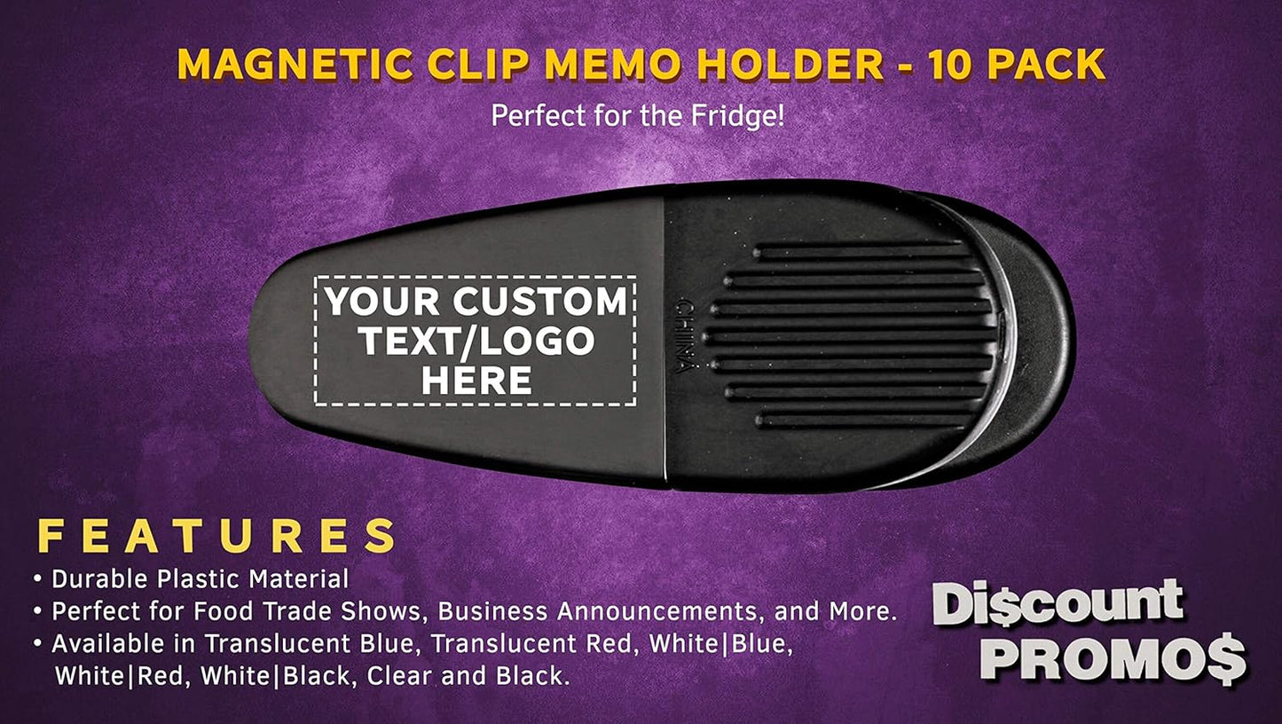 10 Magnetic Memo Holders Set - Customizable Text, Logo - Large Clip, Plastic - Black