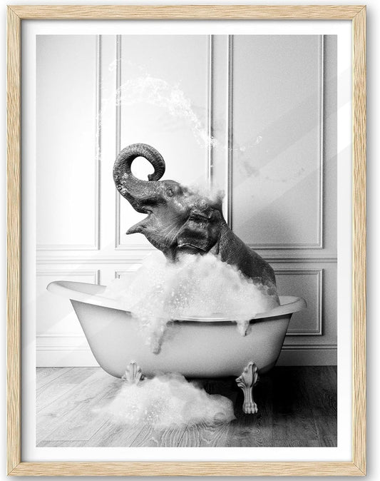 iHery Natural OAK Wood Framed Wall Art, 12x16 in Funny Bathroom Wall Art Decor, Elephant Bathing Animals Canvas Prints, Black and White Wall Decor Pictures For Bedroom Living Room Set of 1