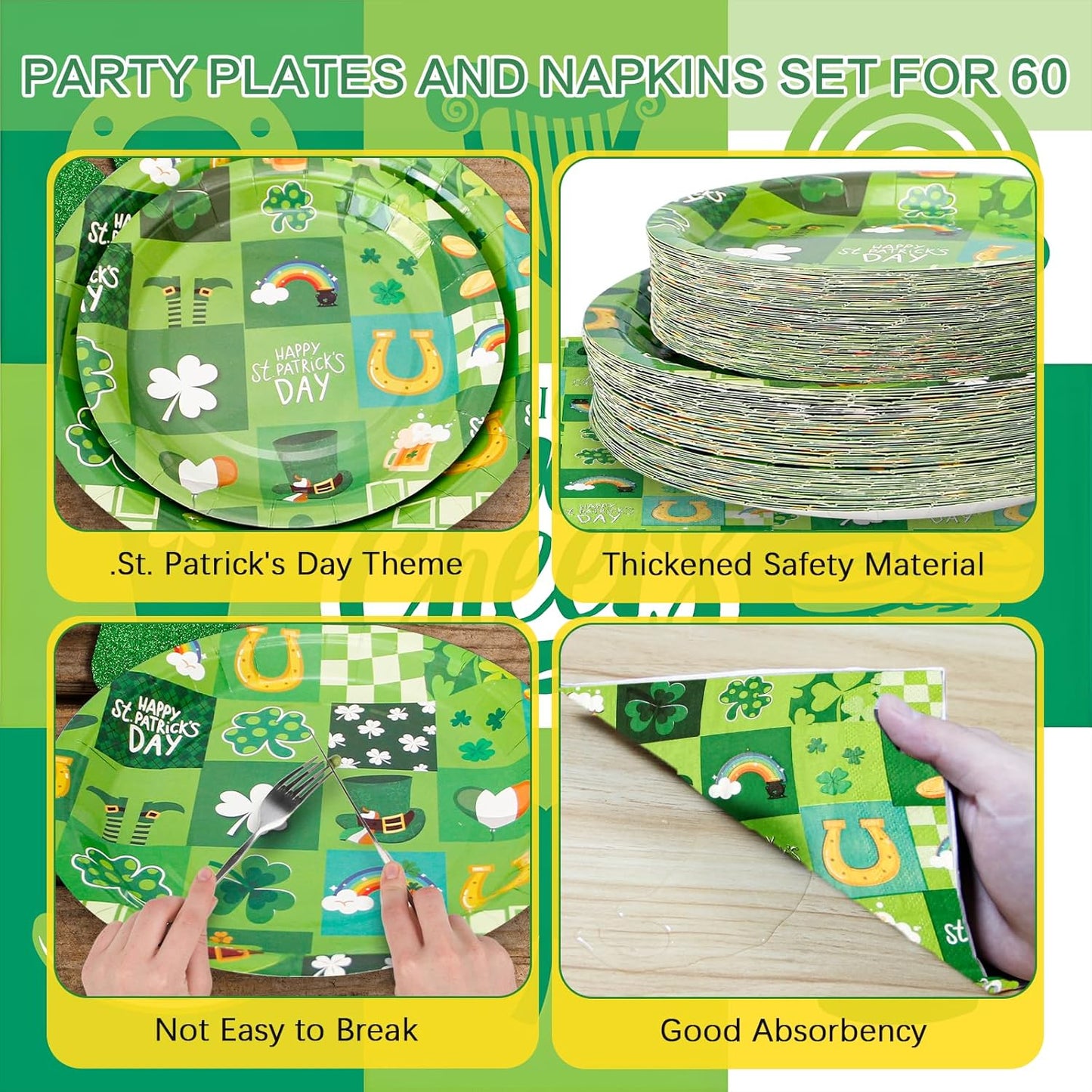 180Pcs St Patricks Day Party Supplies Paper Plates and Napkins Serve 60 Disposable Tableware Set for Birthday Party Decorations Game Day Family School Holiday Sports Events