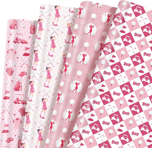 Golf Wrapping Paper 12 Sheets Pink Golf Themed Design Gift Wrap for Girls,Golfers,Golf Lovers,20"×28"