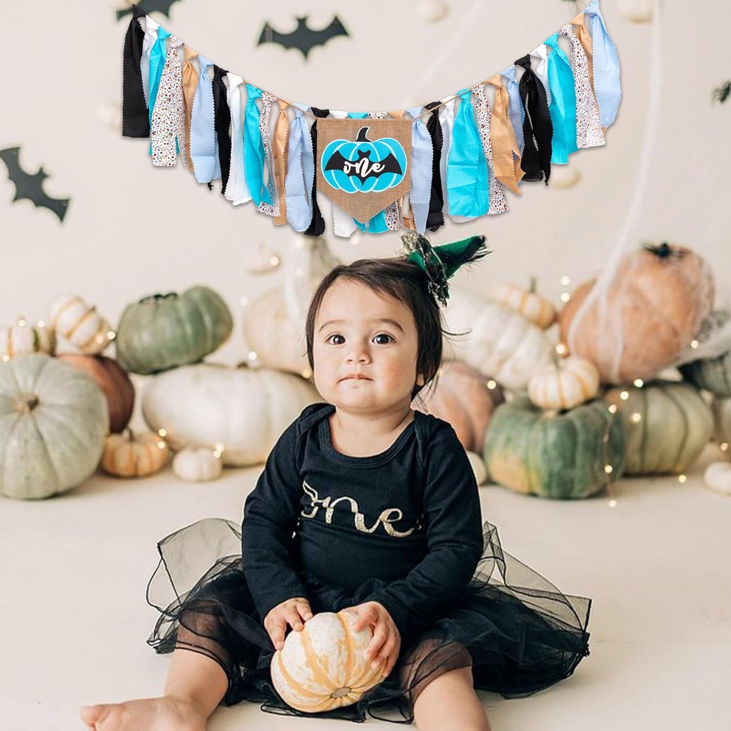 Halloween Spooky Pumpkin One High Chair Banner - Thanksgiving Halloween Theme Fall Pumpkin First Birthday Party Decorations Supplies High Chair Banner, Spooky Bat Sign 1st Birthday Party Banner