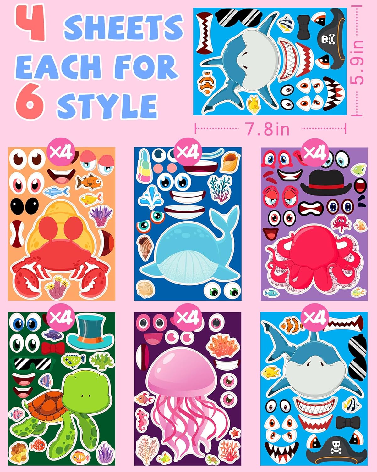 24 Pcs Make Your Own Sea Animal Sticker Sheets for Kids with Animal Party Favors Face Stickers for Toddlers Crafts Activities Gift Bags Birthday Party Favors for Kids
