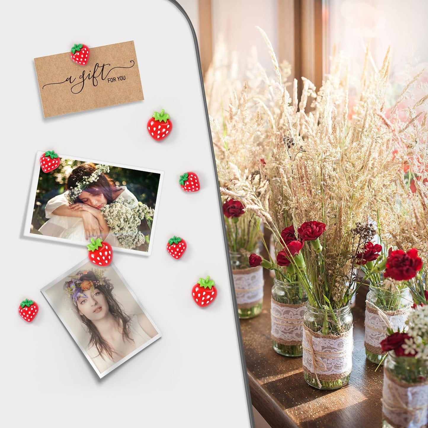 12Pcs Strawberry Refrigerator Magnets, Cute Red Fridge Magnet, Funny Resin Decorative Magnets for Kitchen, Office,Locker Decor (Red Strawberry, 12Pack)