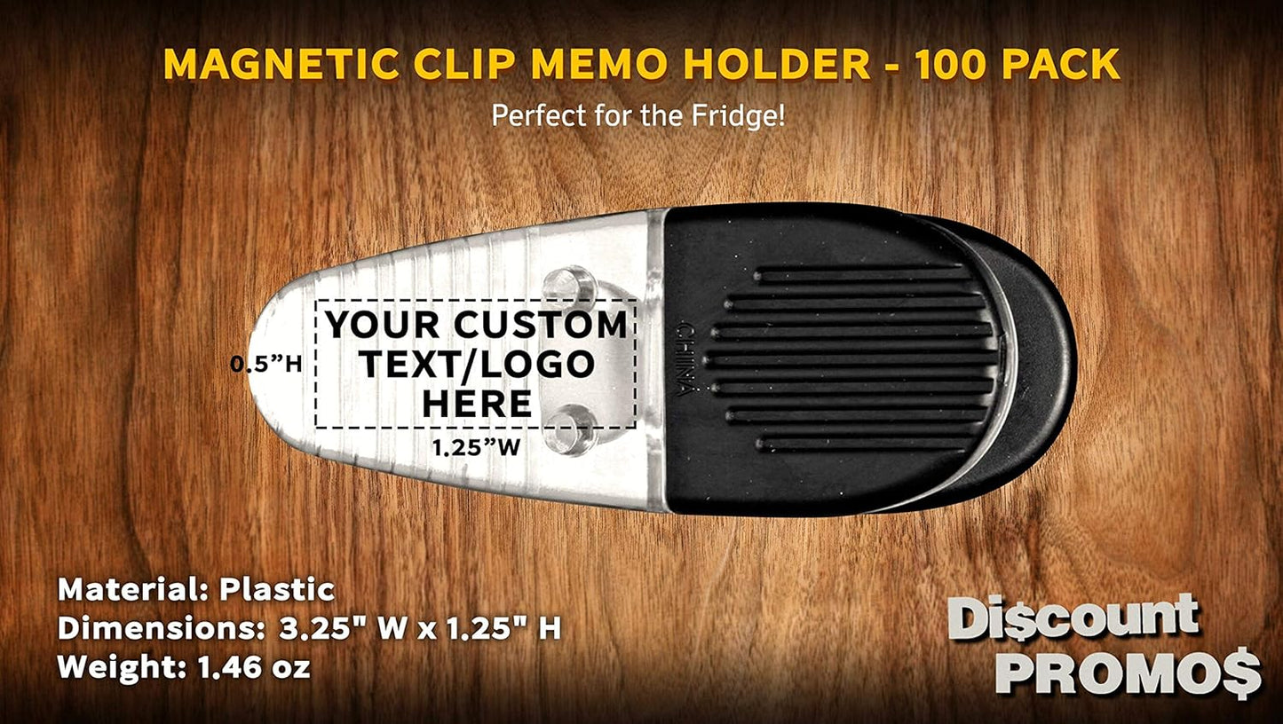 100 Magnetic Memo Holders Set - Customizable Text, Logo - Large Clip, Plastic - Clear