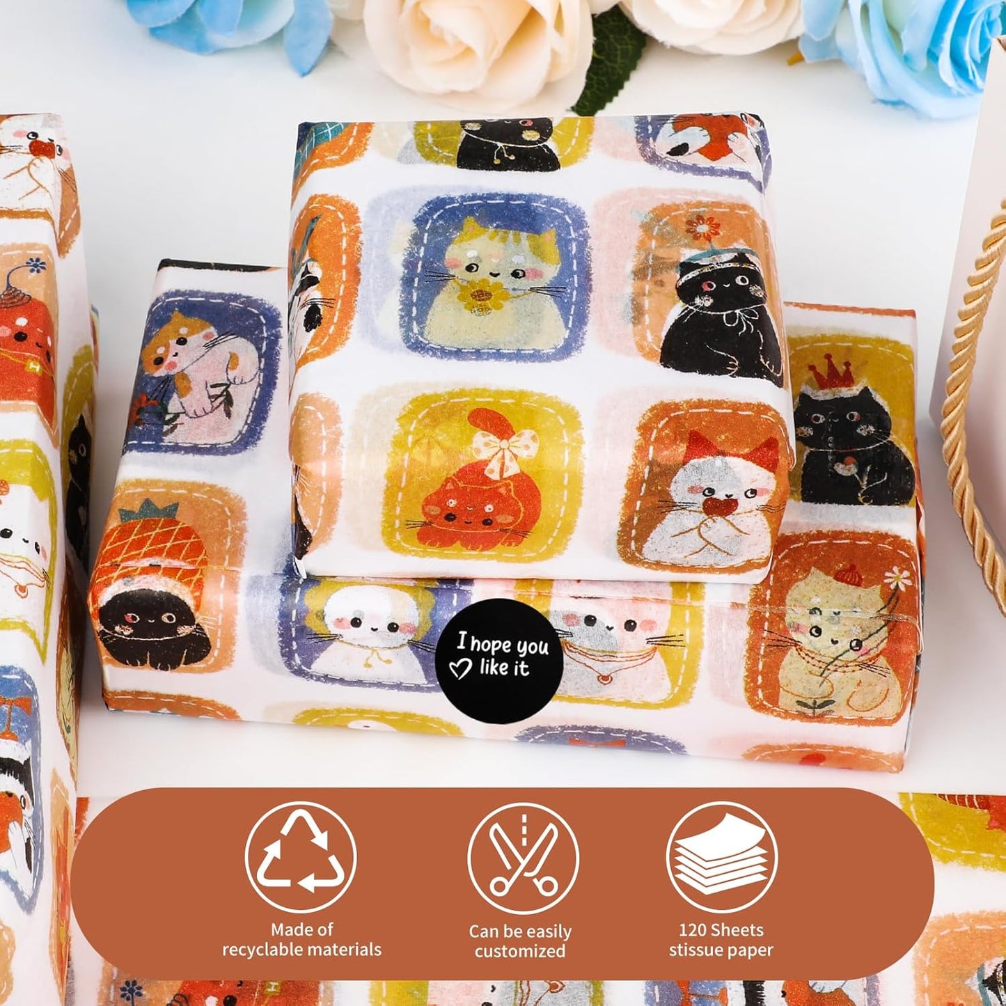 100 Sheets Cute Cat Tissue Paper with Stickers,20x14 Inch Kitties Pattern Gift Wrapping Paper for Birthday, Baby Shower, Wedding, Crafts, Party Favors and Cat Lovers