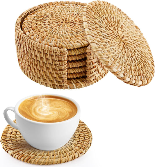 6pcs Natural Handmade Rattan Coasters with Holder - Wicker Drink Coasters Set for Protecting Table, Housewarming Gifts Boho Fall Home Decor