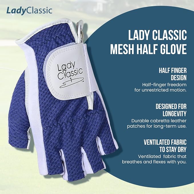 Mesh Half Golf Glove for Women – Premium Cabretta Leather Palm, Breathable Mesh - Image 3