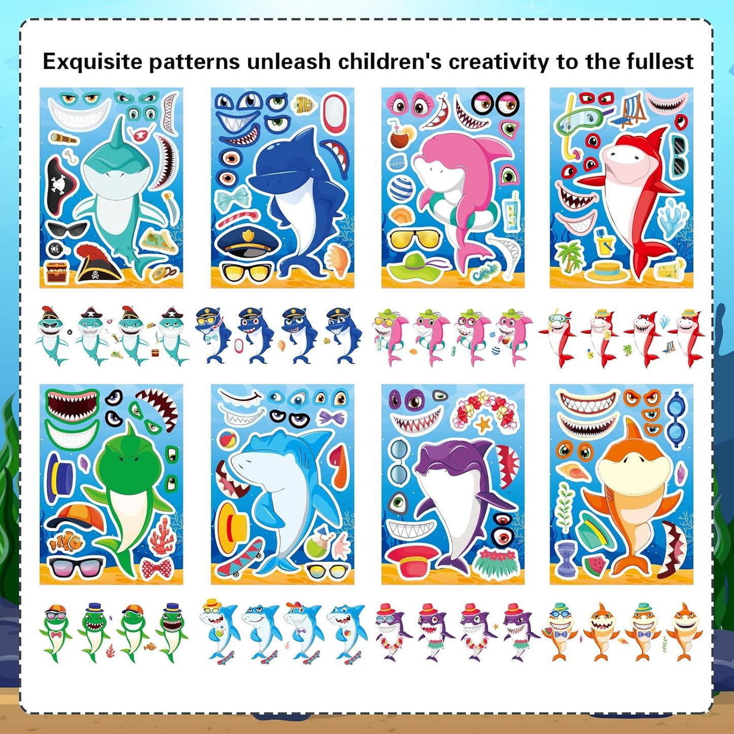 24 Sheets Make Your Own Shark Stickers for Kids Toddlers, Sea Ocean Animals Birthday Party Favors Activities