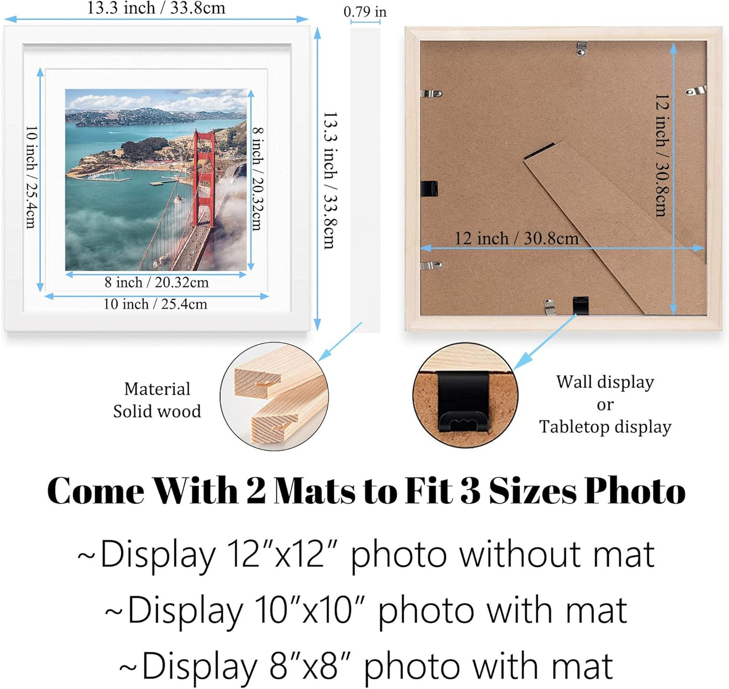 12x12 Wood Picture Frames for Wall Hanging or Tabletop,Diamond Painting Frame Baby Scan Picture Frames with 2 Mats Display 8x8 or 10x10 for Family Walls Decoration,Anniversary,Wedding,Christmas(White)