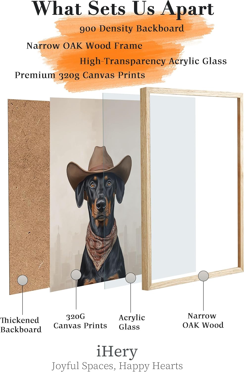 iHery Natural OAK Wood Doberman Dog Cowgirl Hat Framed Wall Art, 12x16 in Doberman Neutral Western Trendy Canvas Wall Art Decor For Bedroom, Funky Cute Dog Prints Bathroom Living Room Set of 1