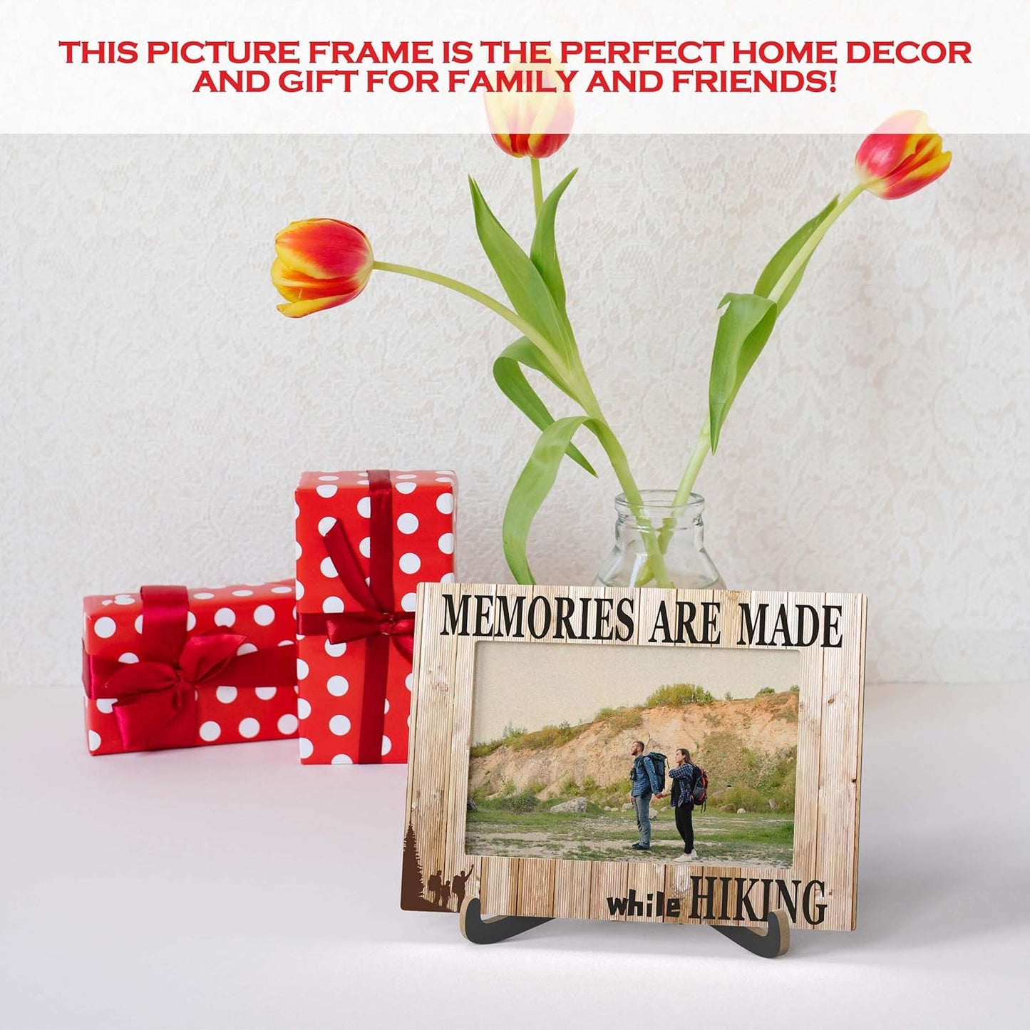 Hike Photo Frame - Camping Wooden Tabletop Picture Frame with Stand - Gifts For Nature Lover - Camping Gifts for Family Friends Colleagues - Home Office Desk Decor -A56