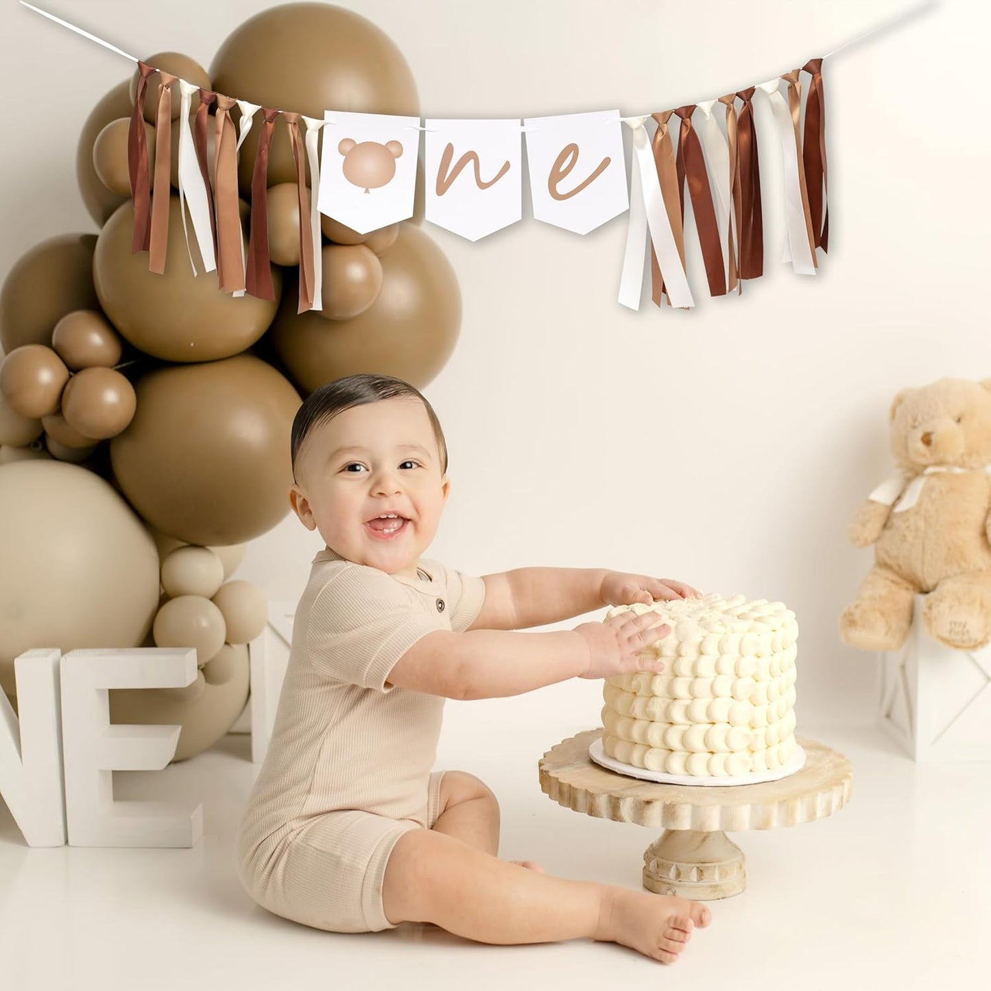1 Year Old Birthday Banner - Baby Bear First Birthday High Chair Banner,Brown First Birthday Party Decorations,Bear First Birthday Party Supplies,Photo Prop for Baby (Bear theme banner brown)