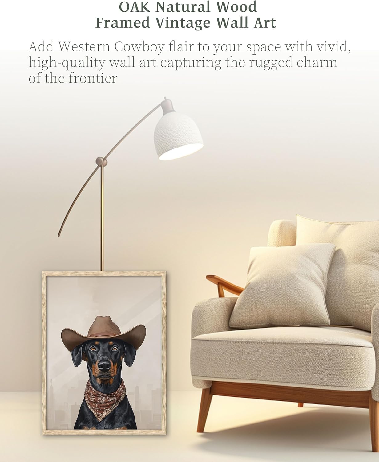 iHery Natural OAK Wood Doberman Dog Cowgirl Hat Framed Wall Art, 12x16 in Doberman Neutral Western Trendy Canvas Wall Art Decor For Bedroom, Funky Cute Dog Prints Bathroom Living Room Set of 1