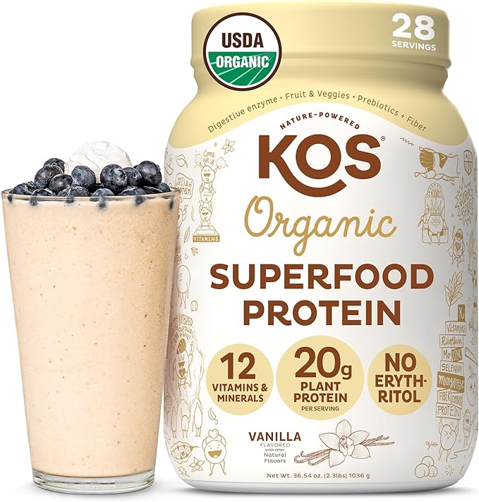 KOS Vegan Protein Powder Erythritol Free, Vanilla USDA Organic by KOS