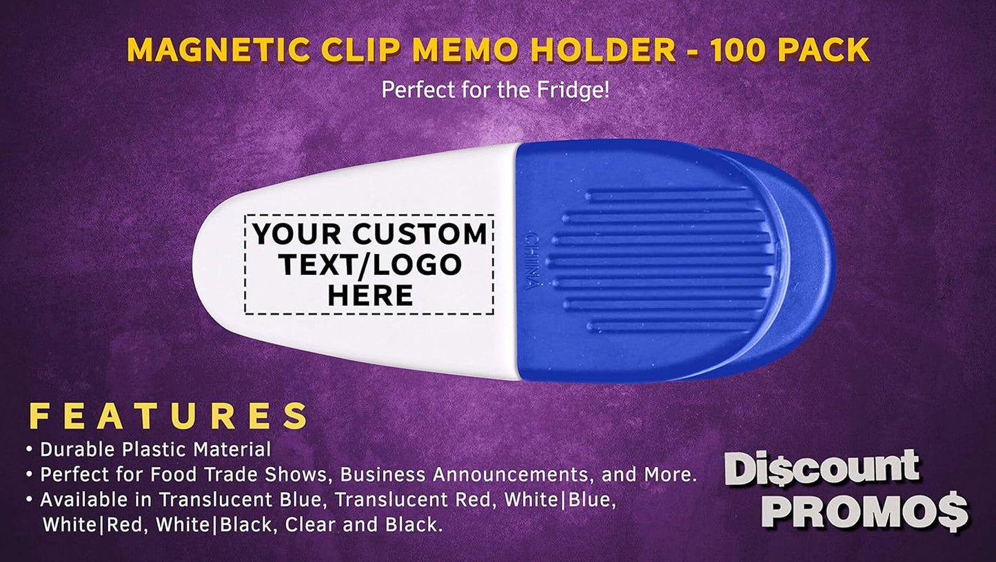 100 Magnetic Memo Holders Set - Customizable Text, Logo - Large Clip, Plastic - White Blue
