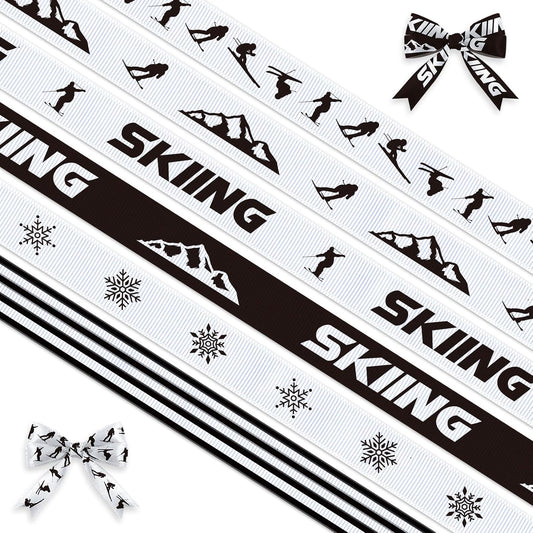 6 Rolls Grosgrain Skiing Ribbon for DIY Crafts – 0.39 Inch Black White Skiing Ribbon for Wreath Bows Wrapping Winter Sports Party Birthday Party Home Decoration Supplies 30 Yards
