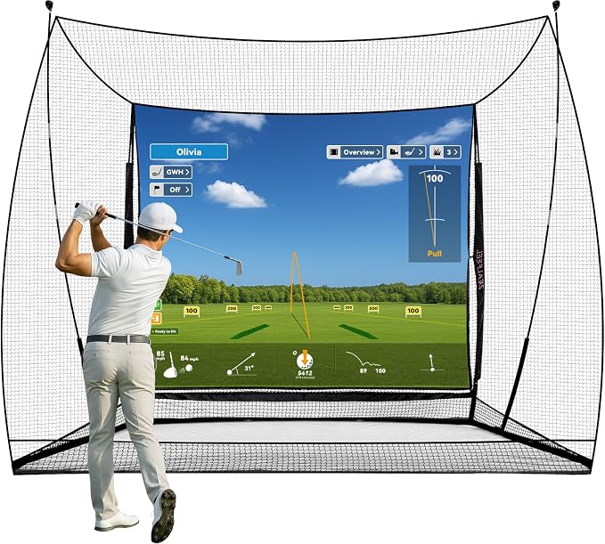 Golf Simulator Cage with Side Barriers&Impact Screen – 10x8 FT Golf Net with by ZEALFEEL