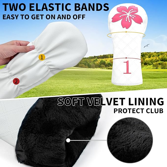 Grid Cherry Blossom Design Golf Covers PU Headcovers Set Fits Driver Fairway - Image 3