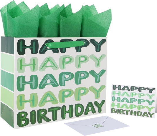 13'' Large Green Happy Birthday Gift Bag Set with Handles, Greeting Card, Tissue Papers and Stickers for Women Girls Men Boys Kids Teens, Words Design, 1 Pcs