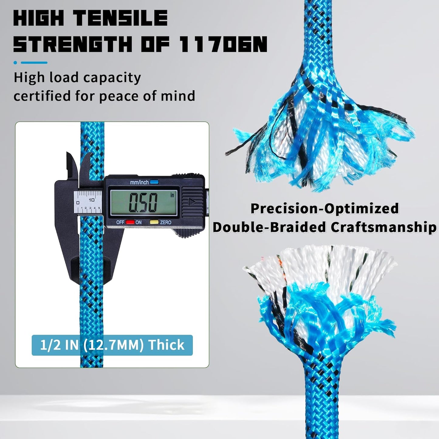 1/2 Inch 100ft Double Braided Polyester Arborist Rope, Heavy Duty Nylon Rope for Anchor, Tree Work, Cargo, Pulling, Sailing (Blue)