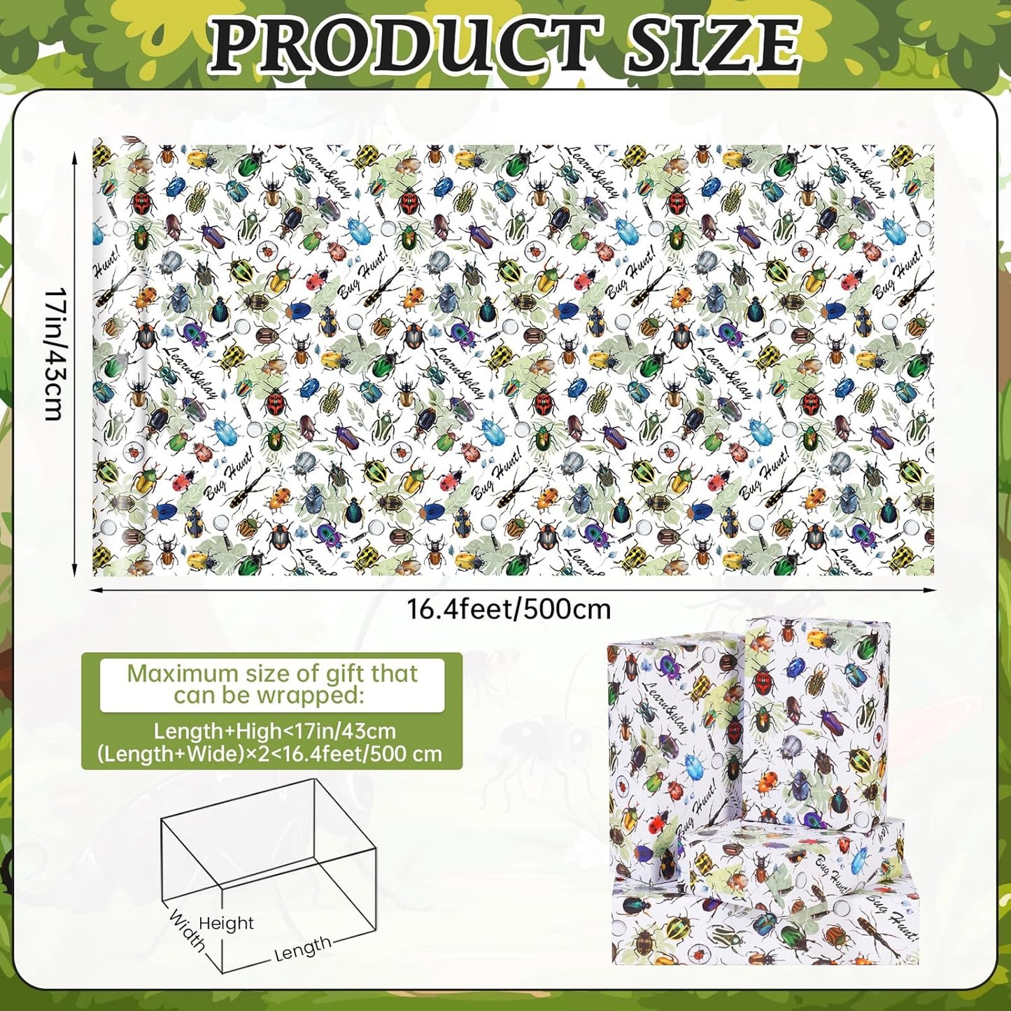 Insect Wrapping Paper Roll - 17Inch x16.4Feet - Beetle Bugs&Leaves Colorful Gift Wrap for Nature Parties,Birthdays,Celebrations