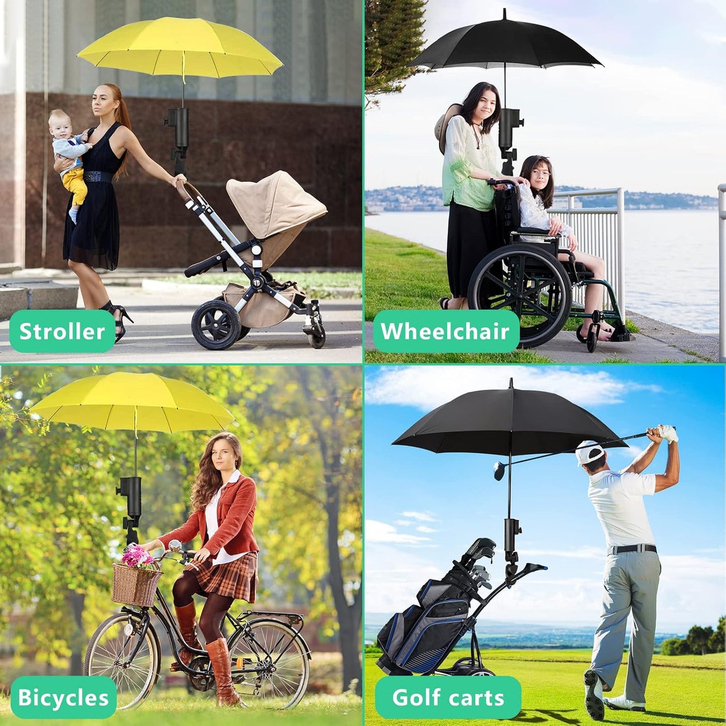 INNOLIFE ﻿Universal Golf Push Cart Umbrella Holder - Adjustable 3-Wheel Clip Mounting Attachment for Stroller, Wheelchair, Bicycle, Outdoor Sports Trolley, and Snow Umbrella Frame