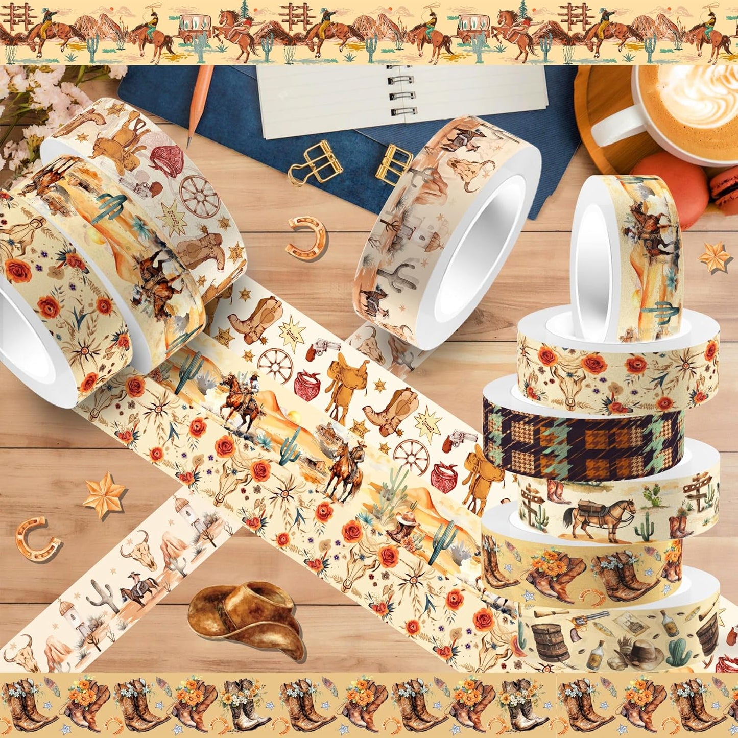 12 Pcs Western Cowboy Washi Tape Western Cowboy Masking Tape Western Cowboy Pattern Decorative Paper Sticker for Western Cowboy Party Holiday Scrapbook DIY Craft Gift Wrapping Handbook Sticker
