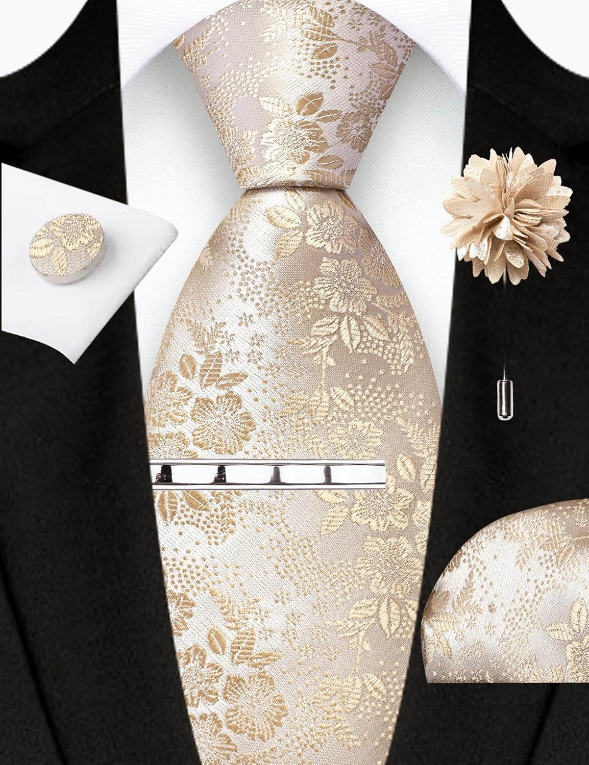 GUSLESON Tie Set for Men Necktie and Pocket Square,Tie Clip,Cufflinks, Lapel Pin Sets with Gift Box 5PCS