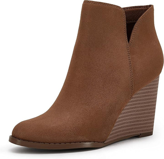 LAICIGO Womens V Cut Wedge Ankle Booties Zip-up Closed Toe Stacked Heel Faux by LAICIGO