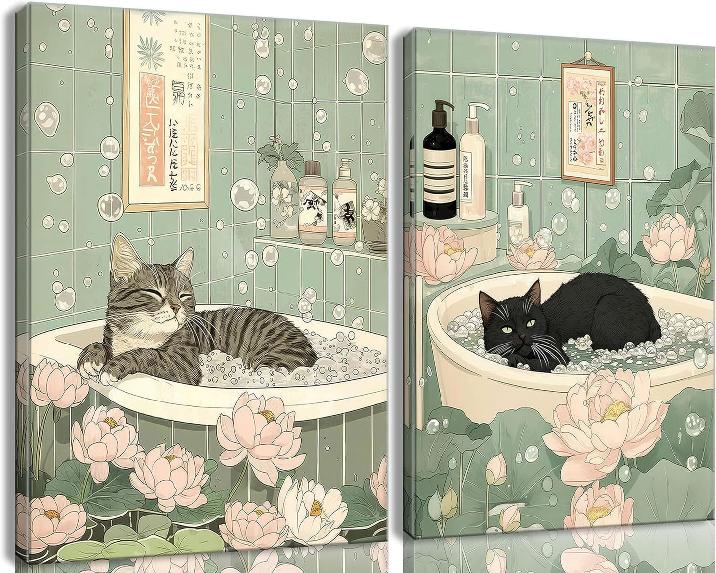 Japanese Cat Bathroom Canvas Wall Art Cute Funny Black and Tabby Cat Poster Prints Zen Lotus Style Painting Pictures Animal Bathtub Wall Decor for Bathroom Toilet Home & Spa Framed