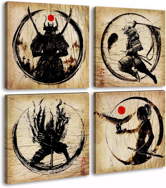 Japanese Decor Wall Art Retro Japanese Armored Samurai Painting Anime Posters Canvas Pictures Office Vintage Black Asian Modern Living Room Bedroom Artwork Framed Ready to Hang 12"X12"X4 Panels