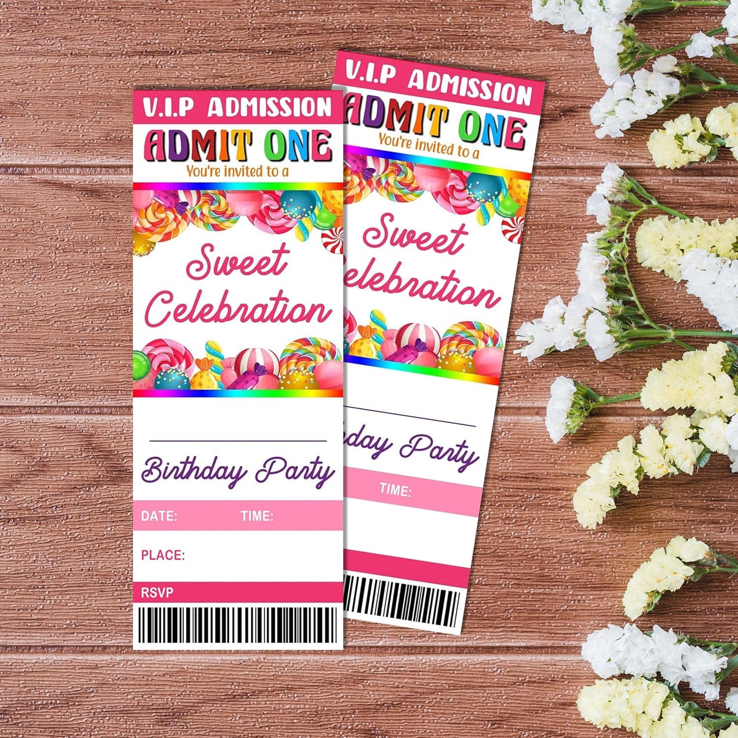20 Candy Party Ticket Invite Cards-Sweet Celebration Birthday Invitation with Envelopes for Kids Girls Boys-Pink Candy Birthday Cards-Party Favor & Supplies (3×8 inch)-A26