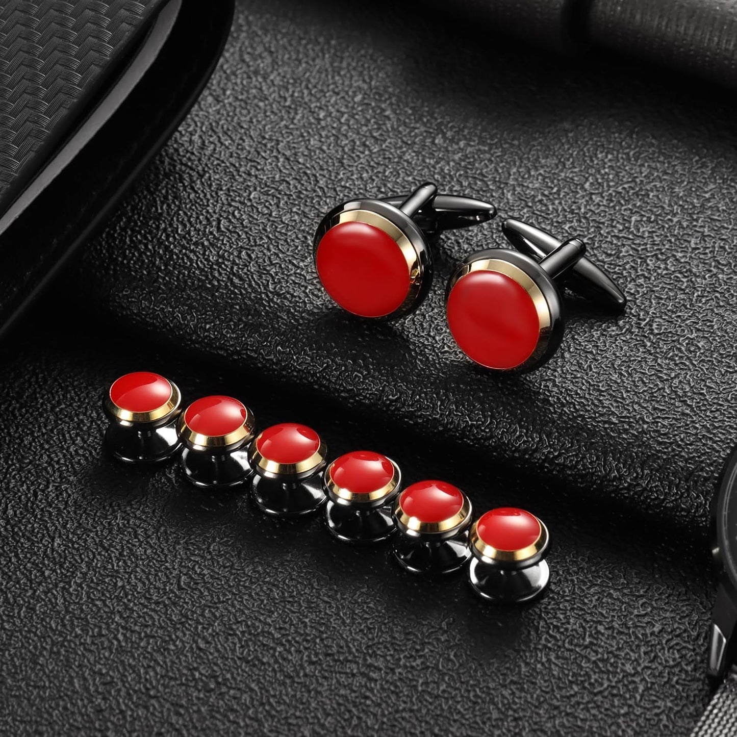 HAWSON Cufflinks and Studs for Men-Fashion Men Vintage Enamel Carbon Fiber Tuxedo Shirt Cufflinks and Studs Set for Regular Wedding Business Accessories