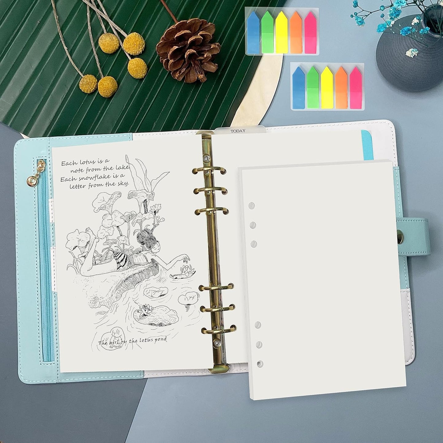 Harphia A5 6 Holes Binder Refill Value Set, 90sheets plain blank loose leaf paper with stickers and dividers, planner inserts with binder pockets for A5 binder 6 holes refillable notebook,005da5blank