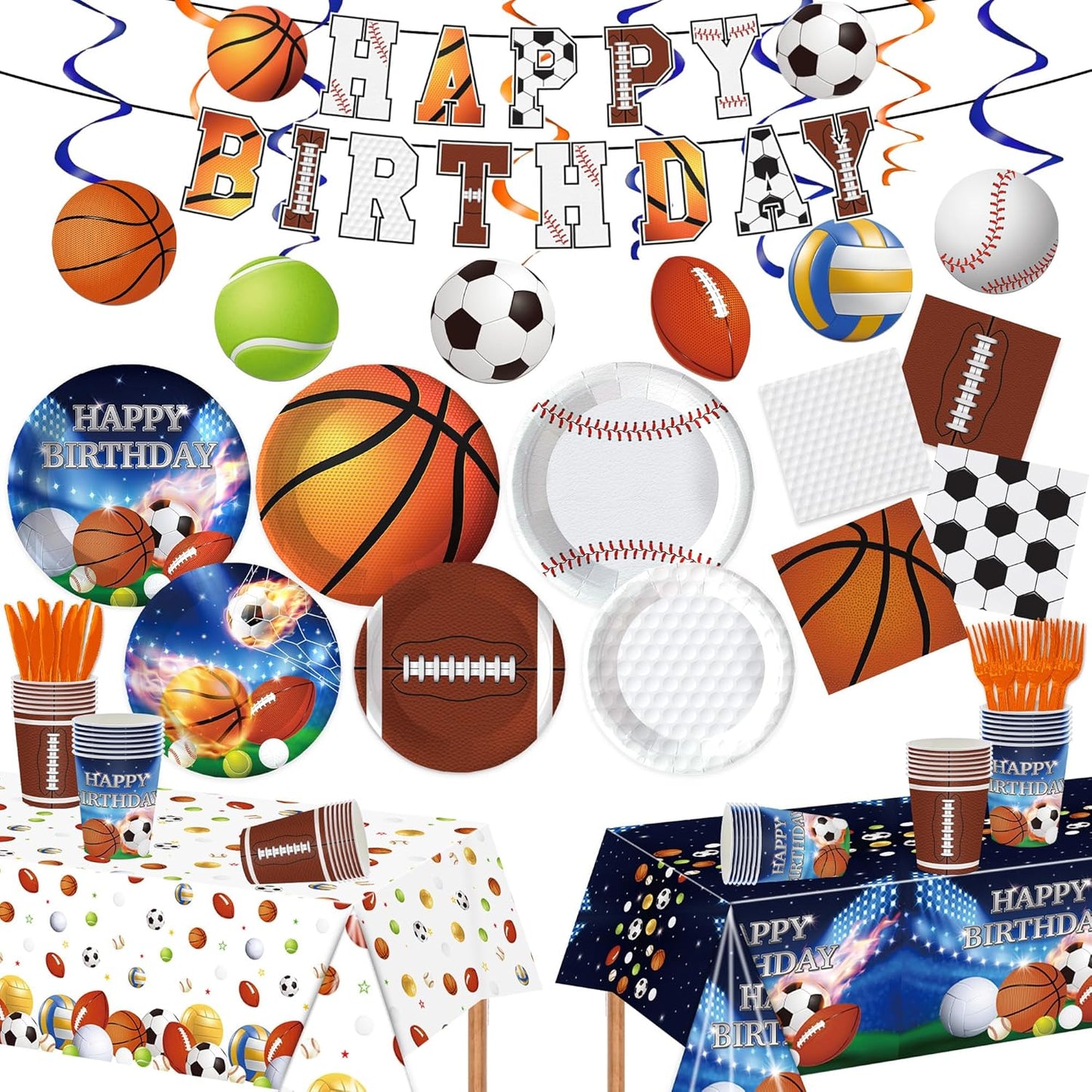 189pcs Sports Birthday Party Decorations Sports Plates Napkins Party Supplies Tablecloth Banner All Star Football Baseball Basketball Soccer Tableware for Sports Themed Party Decorations Serves 24