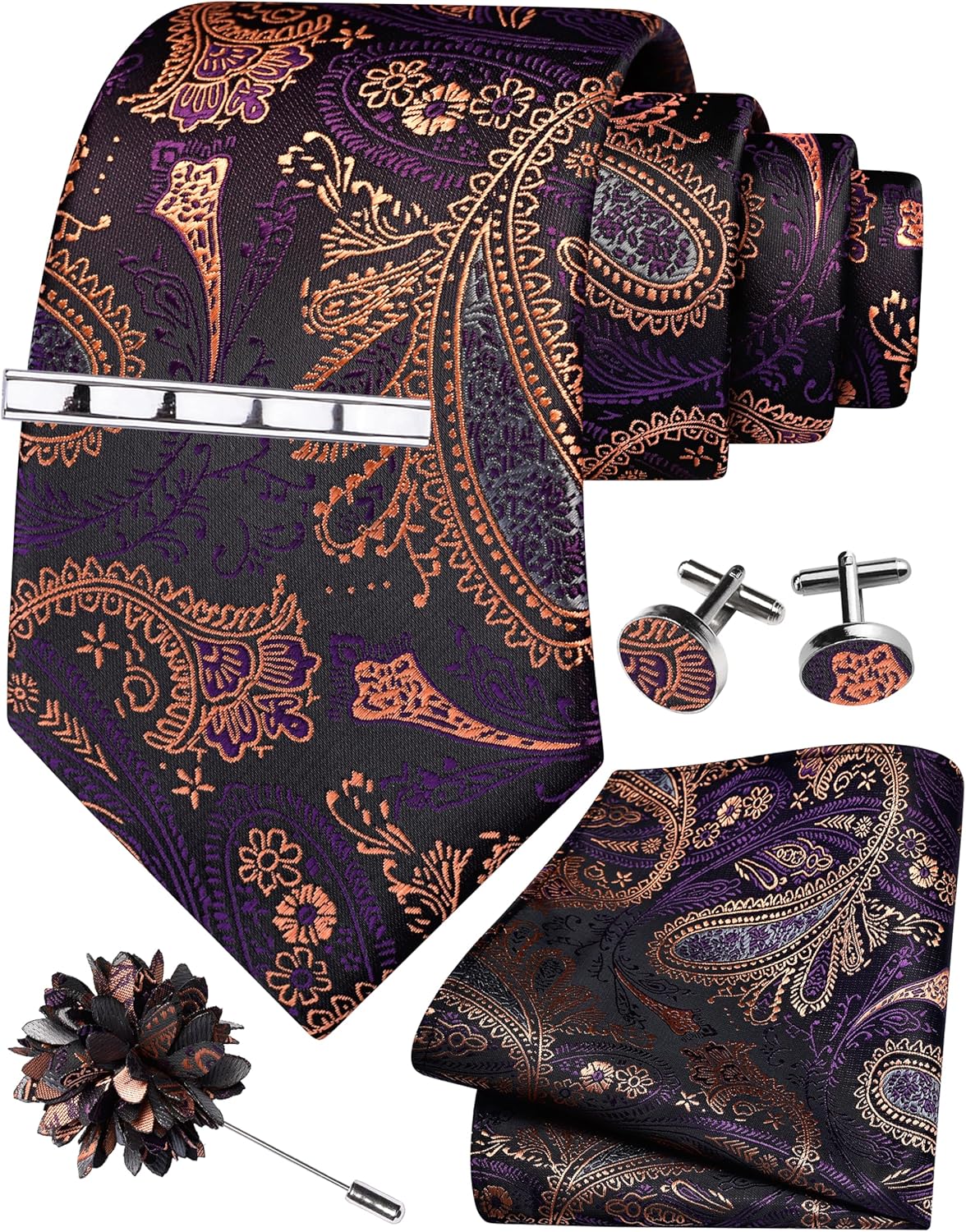 GUSLESON Tie Set for Men Necktie and Pocket Square,Tie Clip,Cufflinks, Lapel Pin Sets with Gift Box 5PCS