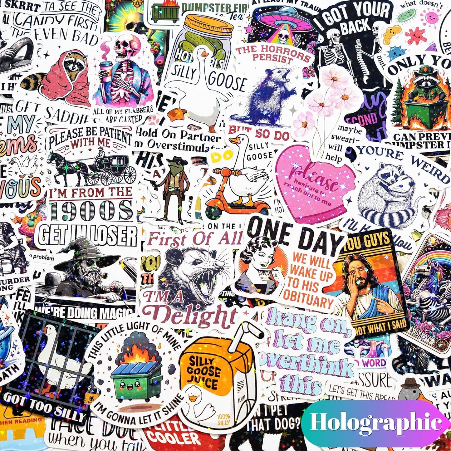200 PCS Funny Holographic Stickers for Adults, Waterproof Vinyl Sarcastic Meme Decals for Laptop, Water Bottle, Phone, Kindle, Journal, Scrapbook, Bumper, Skateboard, Luggage, No Repeats