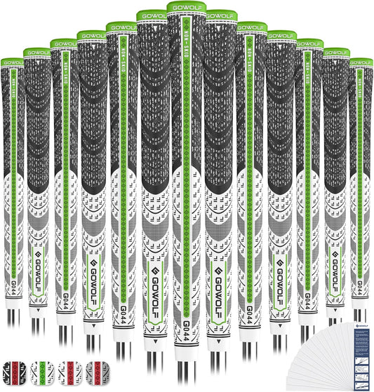 Gowolf Premium Cross Corded Natrual Rubber Golf Grips 13 Pack, Back Rib Improved Control Multi-compound Hybrid Golf Club Grips with 15pc Tapes or Full Kits