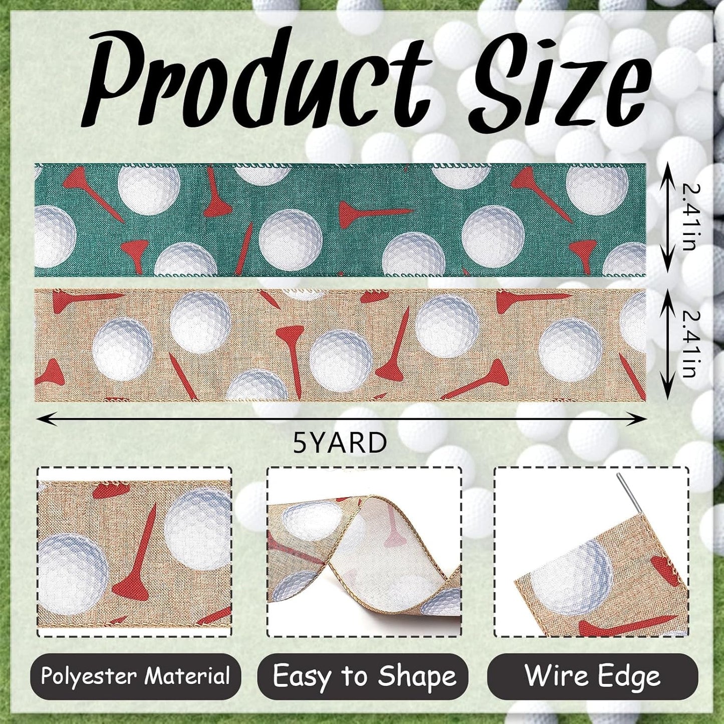 2.5''x 10 Yards Golf Ball Wired Ribbon for Wreath Bows DIY Crafts Golf Tees Ribbon Sports Ball Burlap Ribbons for Wrapping Cheerleaders Party Home Decoration