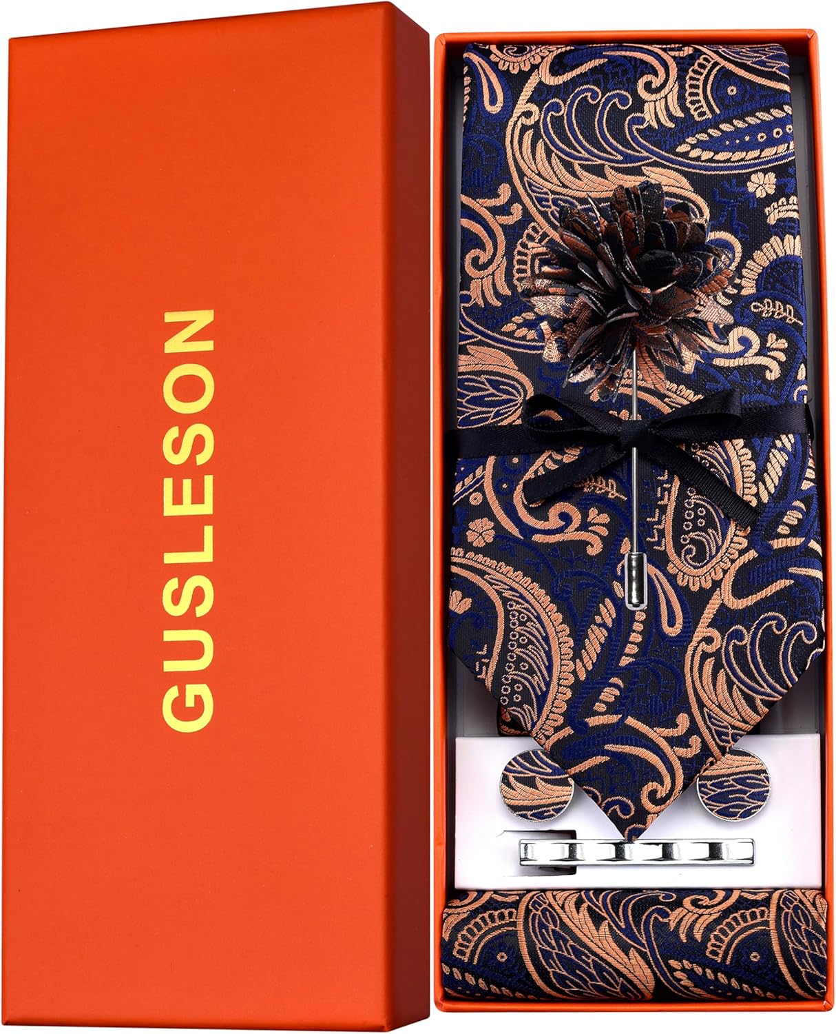 GUSLESON Tie Set for Men Necktie and Pocket Square,Tie Clip,Cufflinks, Lapel Pin Sets with Gift Box 5PCS