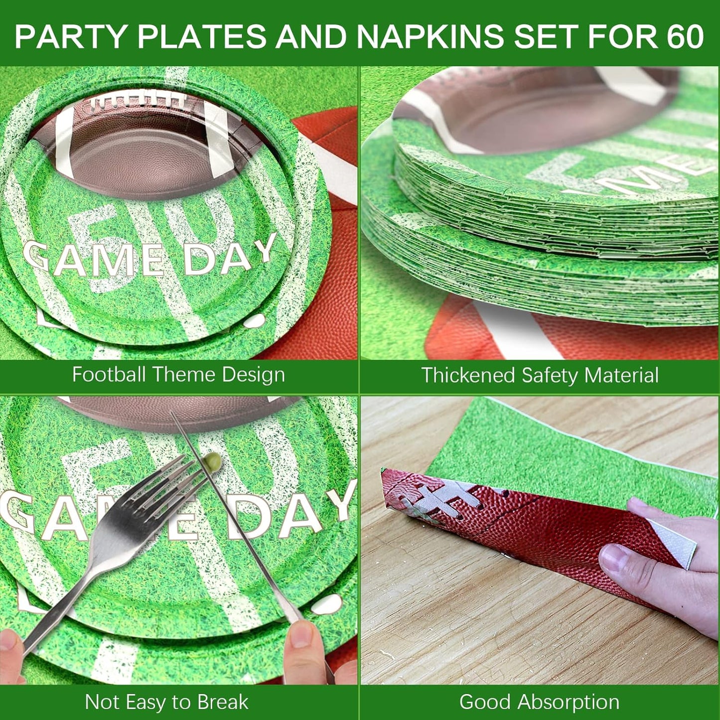 180Pcs Football Party Supplies Paper Plates and Napkins Serve 60 Disposable Tableware Set for Birthday Party Decorations Game Day Family School Holiday Sports Events