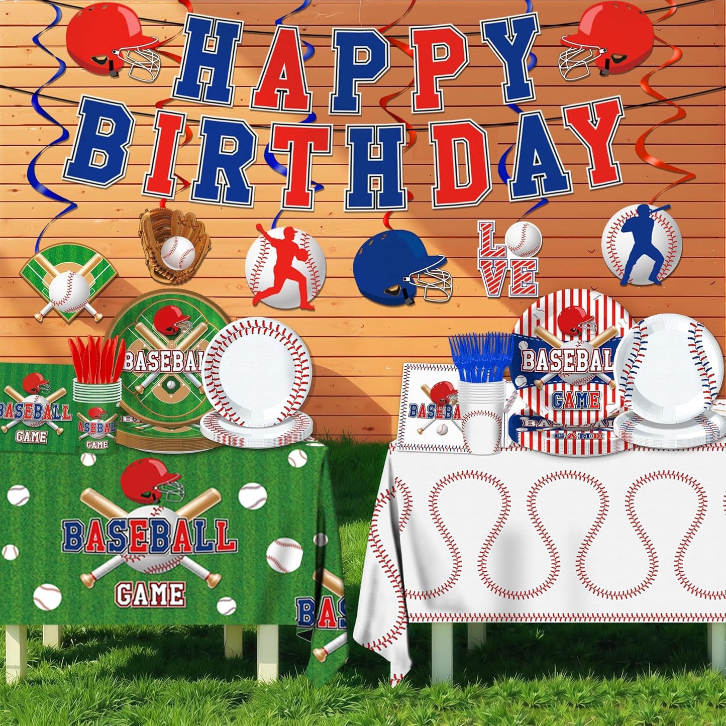 129Pcs Baseball Birthday Party Supplies-Serves 20 Baseball Party Decorations With Plates Cups Knifves Forks And Napkins Tablecloth And Banner For Baseball Sports Theme Birthday Decorations