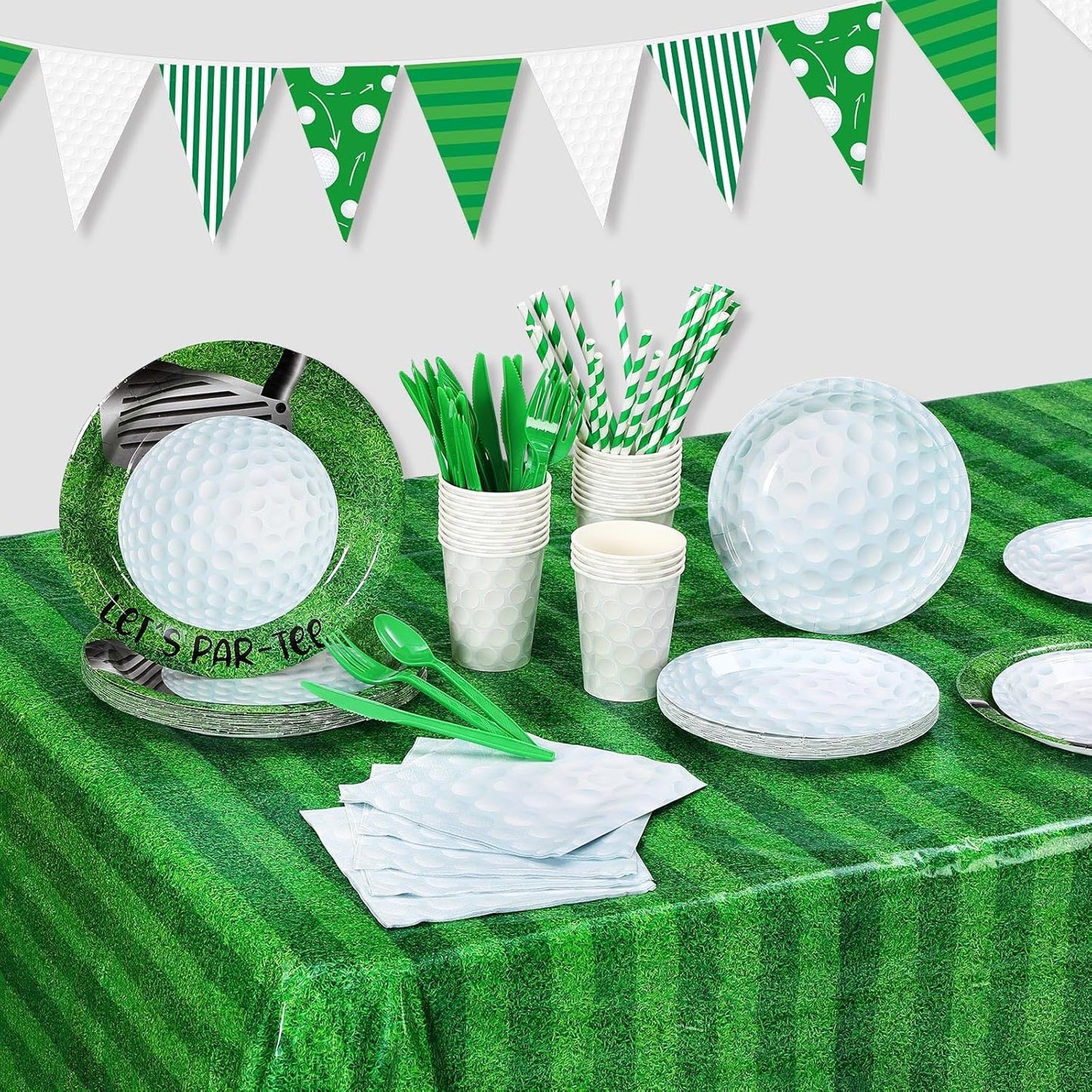 195 Pcs Golf Party Supplies 24 Guest Disposable Dinnerware with Golf Tablecloth 9" and 7" Paper Plates Cup Napkin Plastic Fork Knives Spoon and Banner for Golf Birthday Decorations