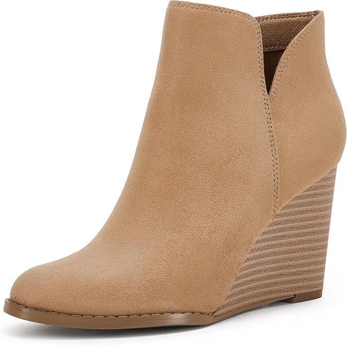 LAICIGO Womens V Cut Wedge Ankle Booties Zip-up Closed Toe Stacked Heel Faux by LAICIGO