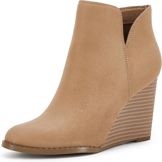 LAICIGO Womens V Cut Wedge Ankle Booties Zip-up Closed Toe Stacked Heel Faux by LAICIGO